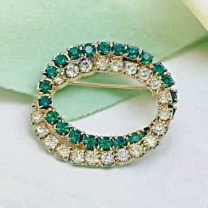 Emerald Green Brooch Vintage Open Double Oval Crystal May Statement Jewelry Pin